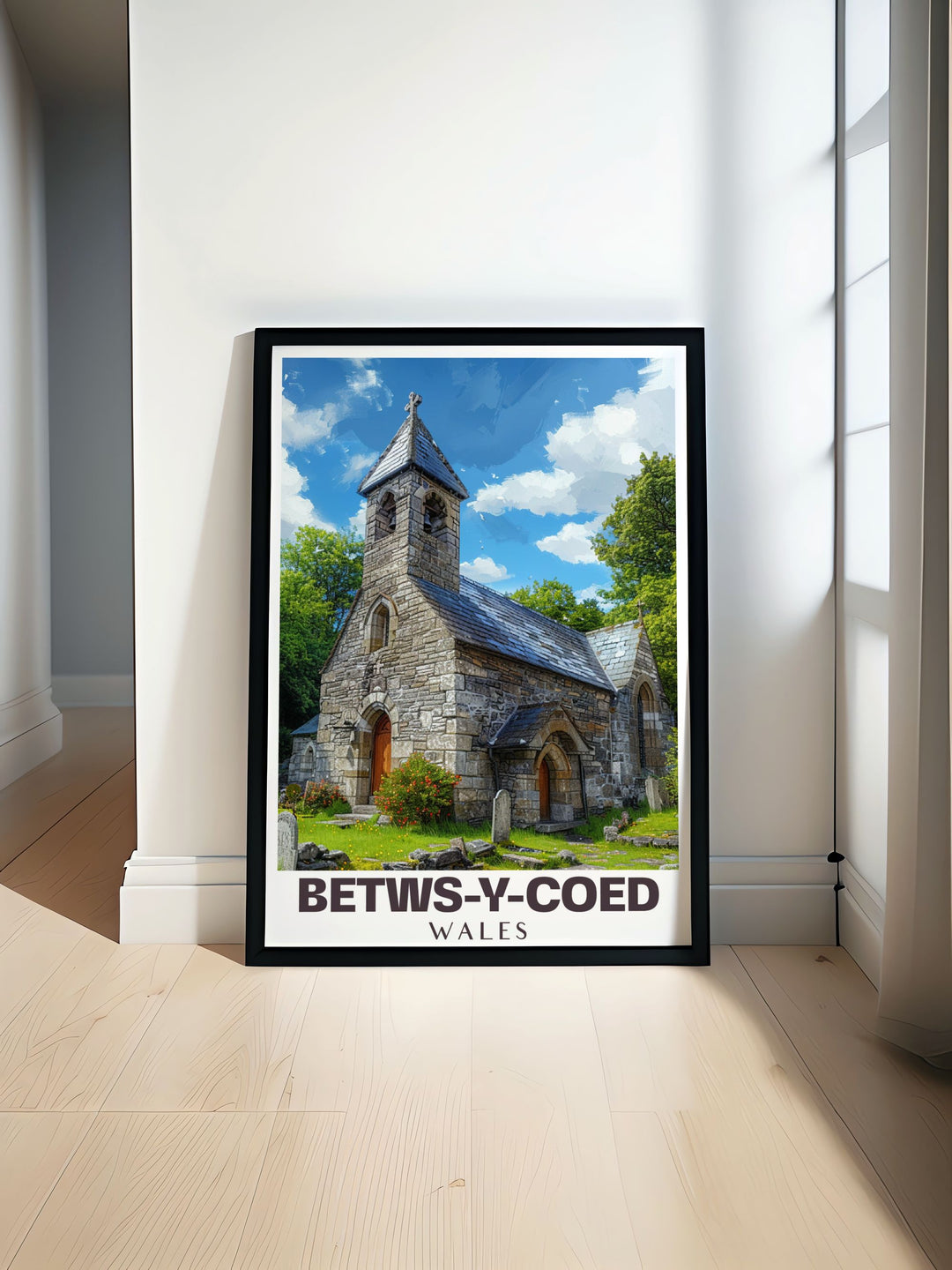 Betws y Coed print featuring the stunning St. Michaels Old Church surrounded by lush Welsh landscapes perfect for adding a touch of nature and history to your home decor or as a thoughtful gift for lovers of Wales charming villages and historic landmarks.