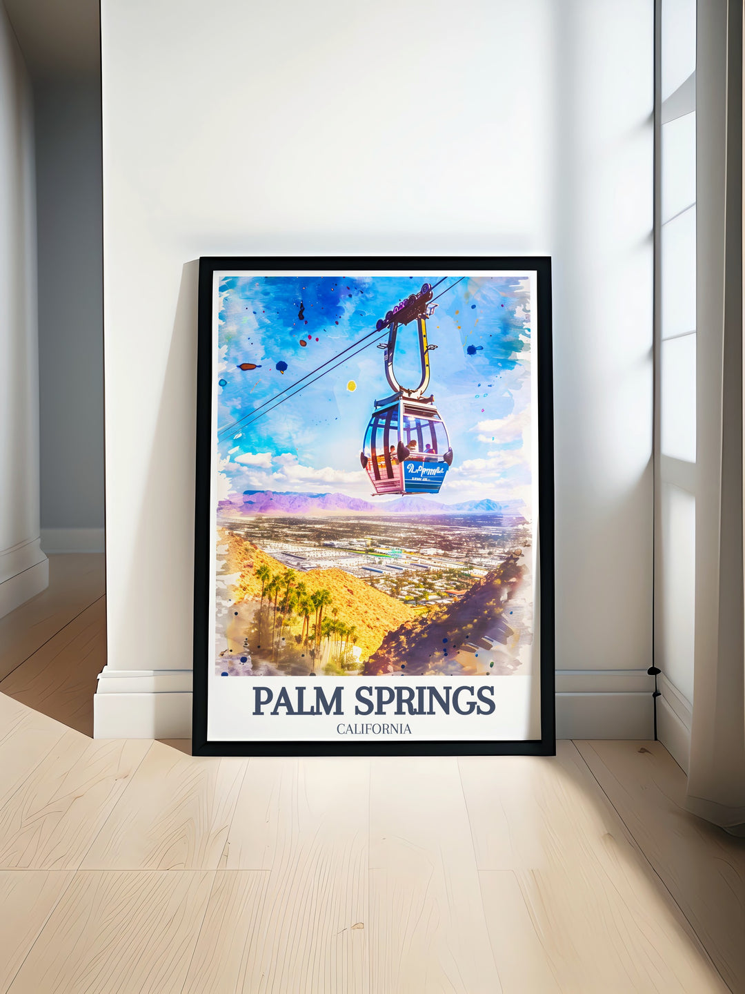 Palm Springs Travel Poster featuring both the Aerial Tramway and Coachella Valley, offering a blend of adventure and scenic beauty. This framed art is ideal for travelers who cherish Californias diverse environment.