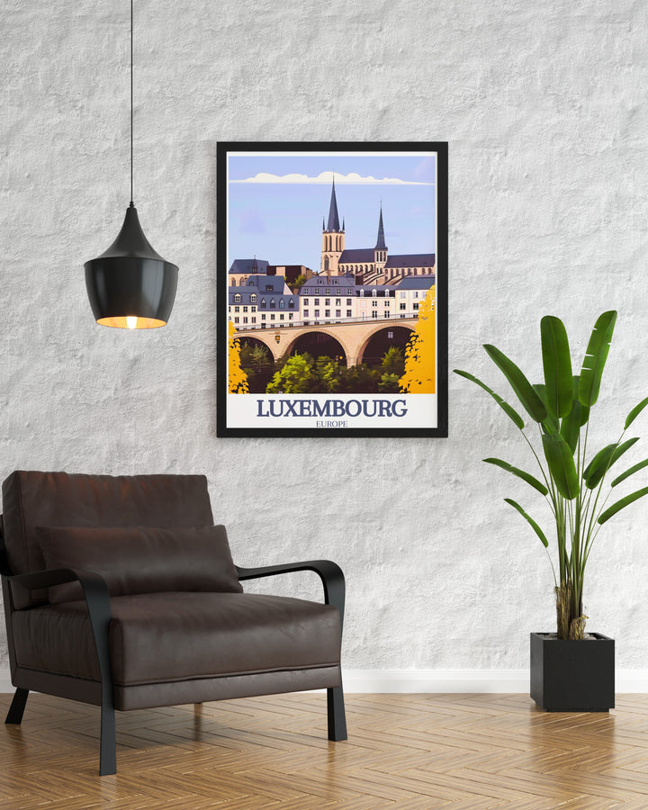 Adolphe Bridge Wall Art celebrates one of Luxembourgs most famous landmarks with detailed illustrations and vivid colors. This vintage inspired poster brings the architectural splendor of the bridge and surrounding cityscape into your home, offering a refined touch to your wall decor.