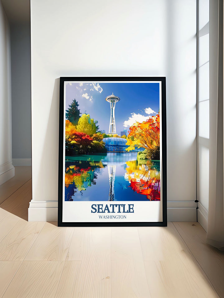 The Summit at Snoqualmie and Seattles Space Needle are beautifully depicted in this poster, celebrating the iconic landmarks and winter sports opportunities from the city to the Cascade Range, ideal for skiing enthusiasts.