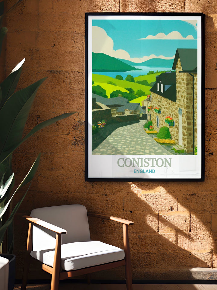 Coniston Village wall decor, bringing the tranquil beauty of the Lake District into your home with detailed artwork that showcases the village and Coniston Water, making it a stunning piece for any room.