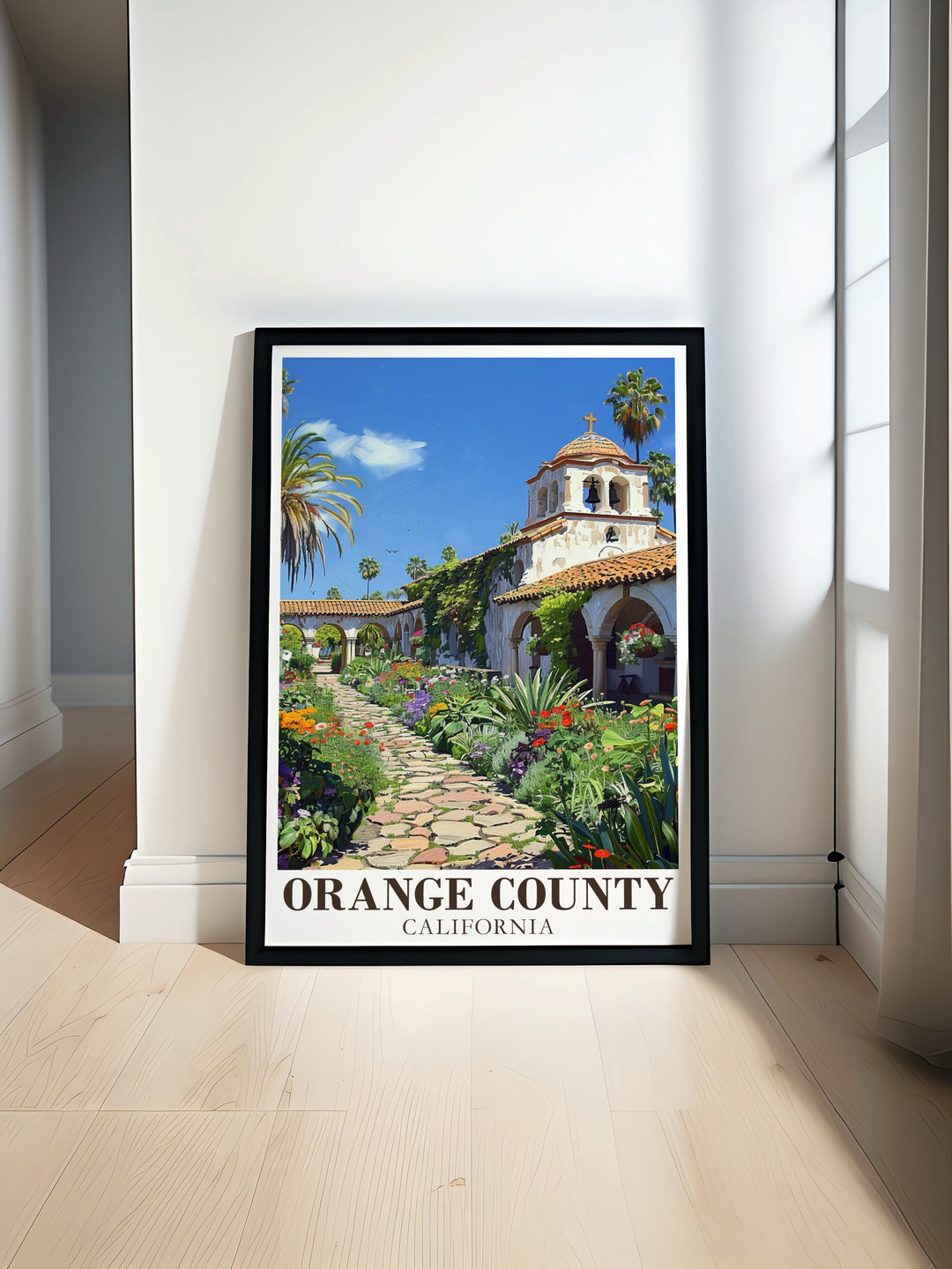 Mission San Juan Capistrano art print capturing the serene beauty of this historic Orange County landmark. This minimalist poster offers a stylish and calming addition to any space, perfect for those who appreciate Californias history and natural beauty. Available in custom formats, including framed and digital downloads.