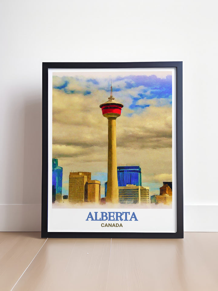 Travel poster of Calgary Tower in Alberta, featuring the landmark's striking presence in the city's skyline. Perfect for those who love urban landscapes and modern architecture.