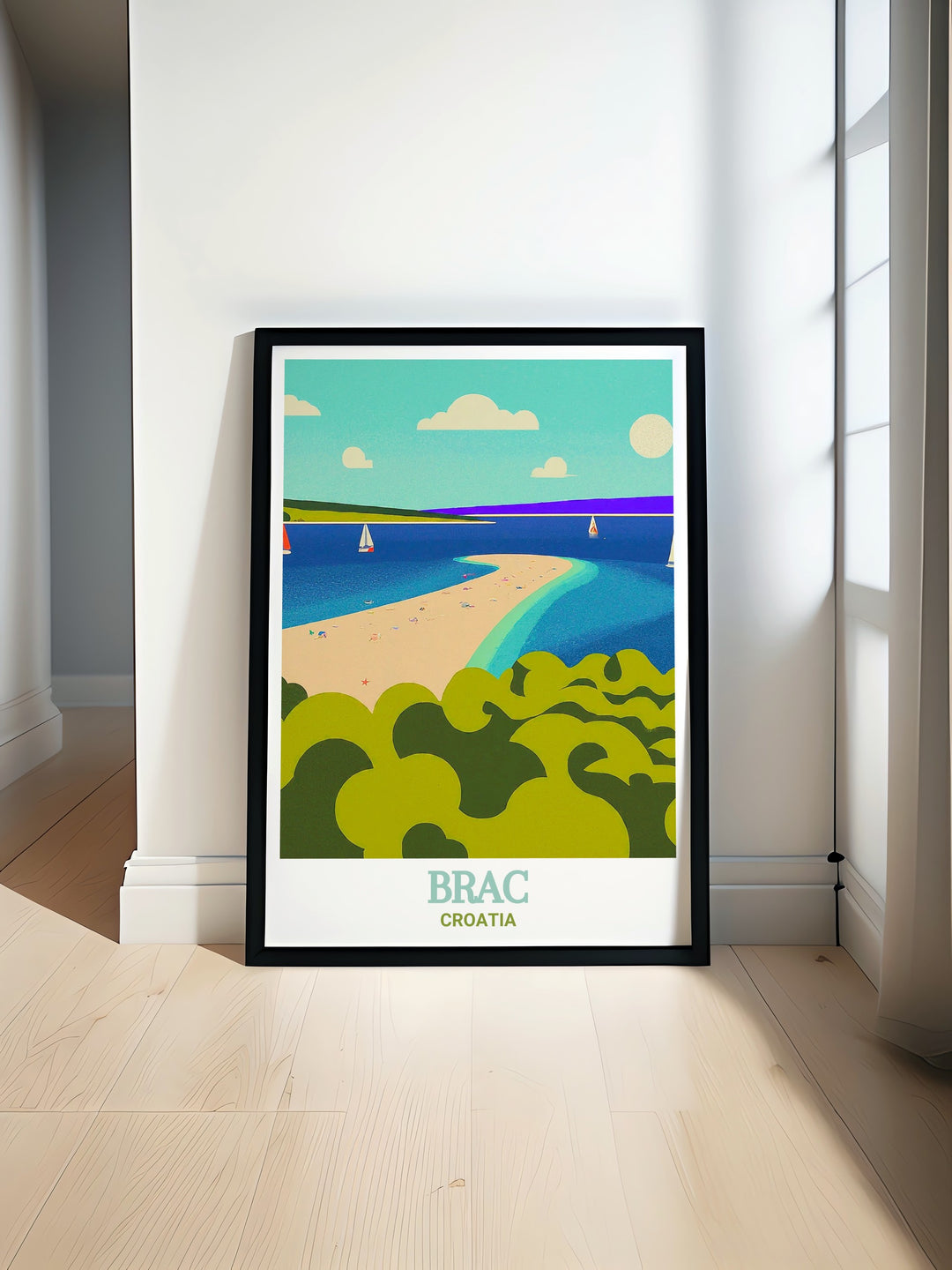 Bring the beauty of Croatia into your home with this Zlatni Rat Beach print. The artwork showcases the unique form of the beach and the surrounding Adriatic Sea, making it a striking focal point in any space