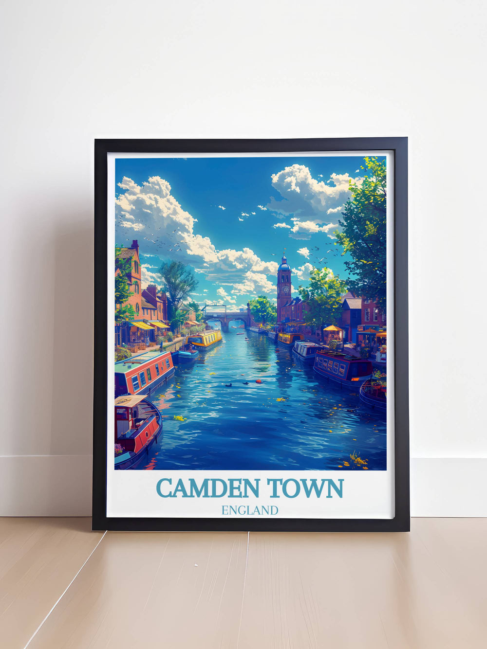 Stunning Camden Lock artwork featuring a detailed depiction of the bustling Camden Market and the serene views from Primrose Hill an ideal piece for those who appreciate the charm of vintage travel prints and want to bring the spirit of London into their space.