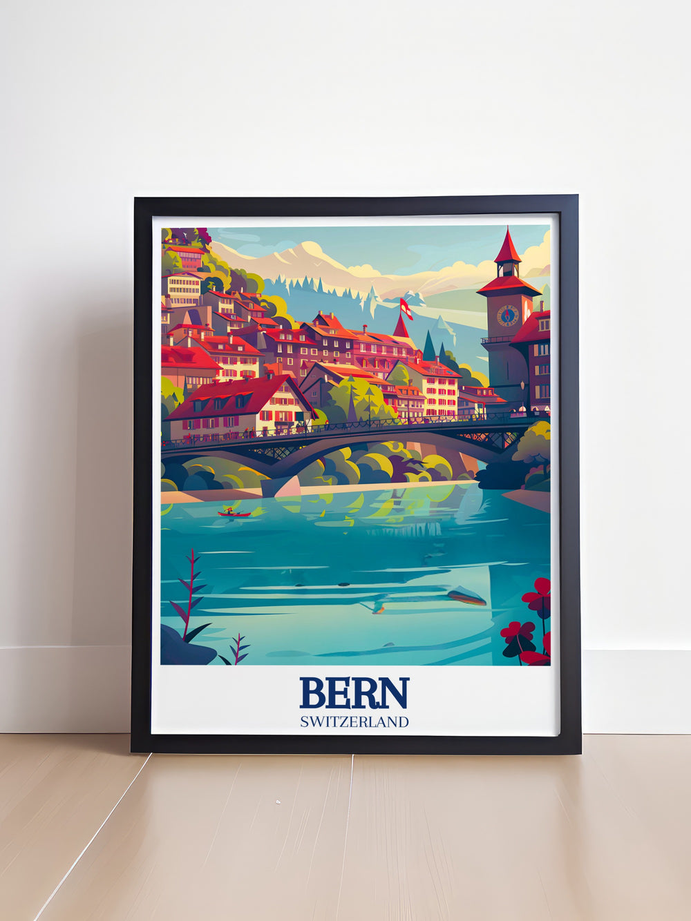 This Bern poster print captures the Nydegg Bridge and its historic significance in Switzerlands capital city. Perfect for history lovers and Swiss art enthusiasts, this travel print showcases the bridges architectural beauty along with the flowing Aare River below, making it a striking addition to any space.