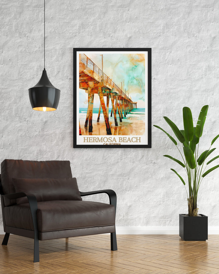 Hermosa Beach Pier is beautifully captured in this vibrant art print, showcasing the calm waves and golden sands of Californias coast. This travel poster is ideal for beach lovers and makes a great addition to any room.