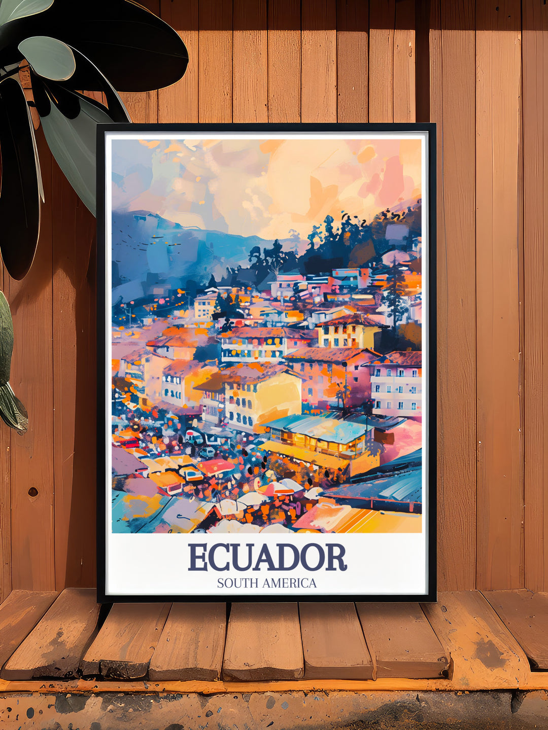 This Ecuador Travel Print brings together the historical charm of Quito with the energetic vibrancy of Otavalo Market. A must have for travelers and art lovers alike, it offers a stunning representation of Ecuadors most beloved landmarks and traditions.