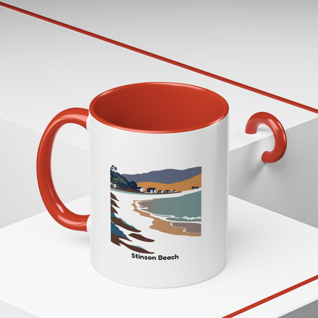 A beautifully crafted Stinson Beach Mug showcasing a scenic view of the California coastline. This durable mug is microwave and dishwasher-safe, making it the perfect gift or souvenir for those who love the beach.