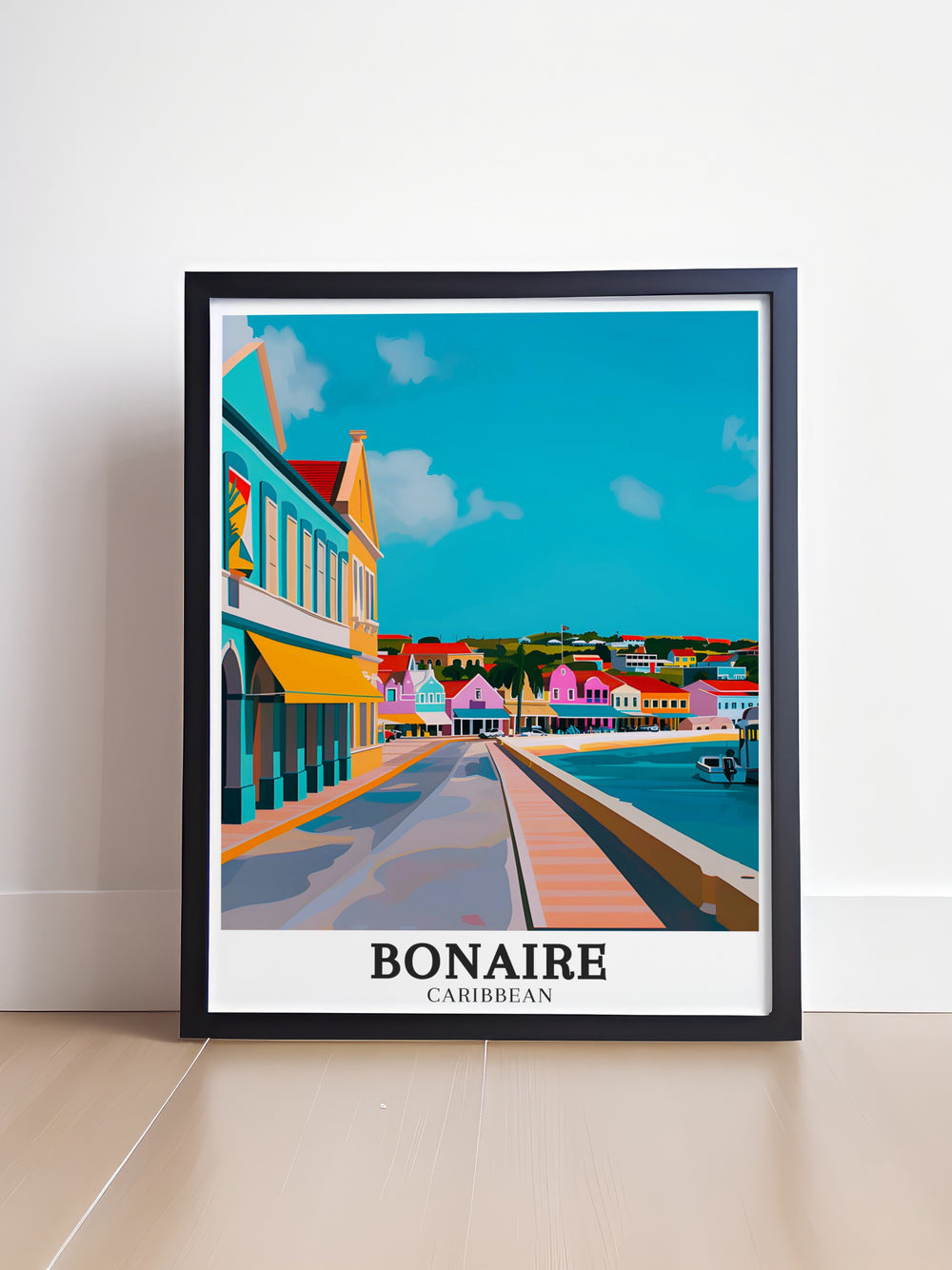 Bonaire Vintage Poster offers a nostalgic look at the stunning Island of Bonaire, featuring Downtown Kralendijk and its vibrant surroundings. A perfect piece for collectors of travel posters and Caribbean art.