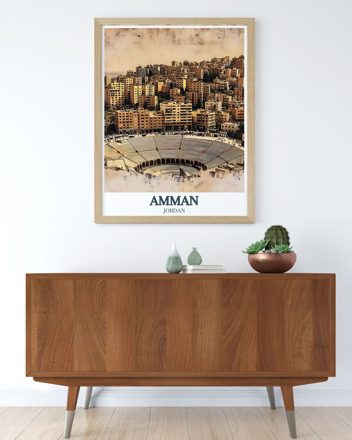 Vibrant Travel Poster Print of the Roman Ampitheater and Jabal Al Jofeh ideal for those who love travel inspired home decor and want to celebrate Jordans rich cultural heritage