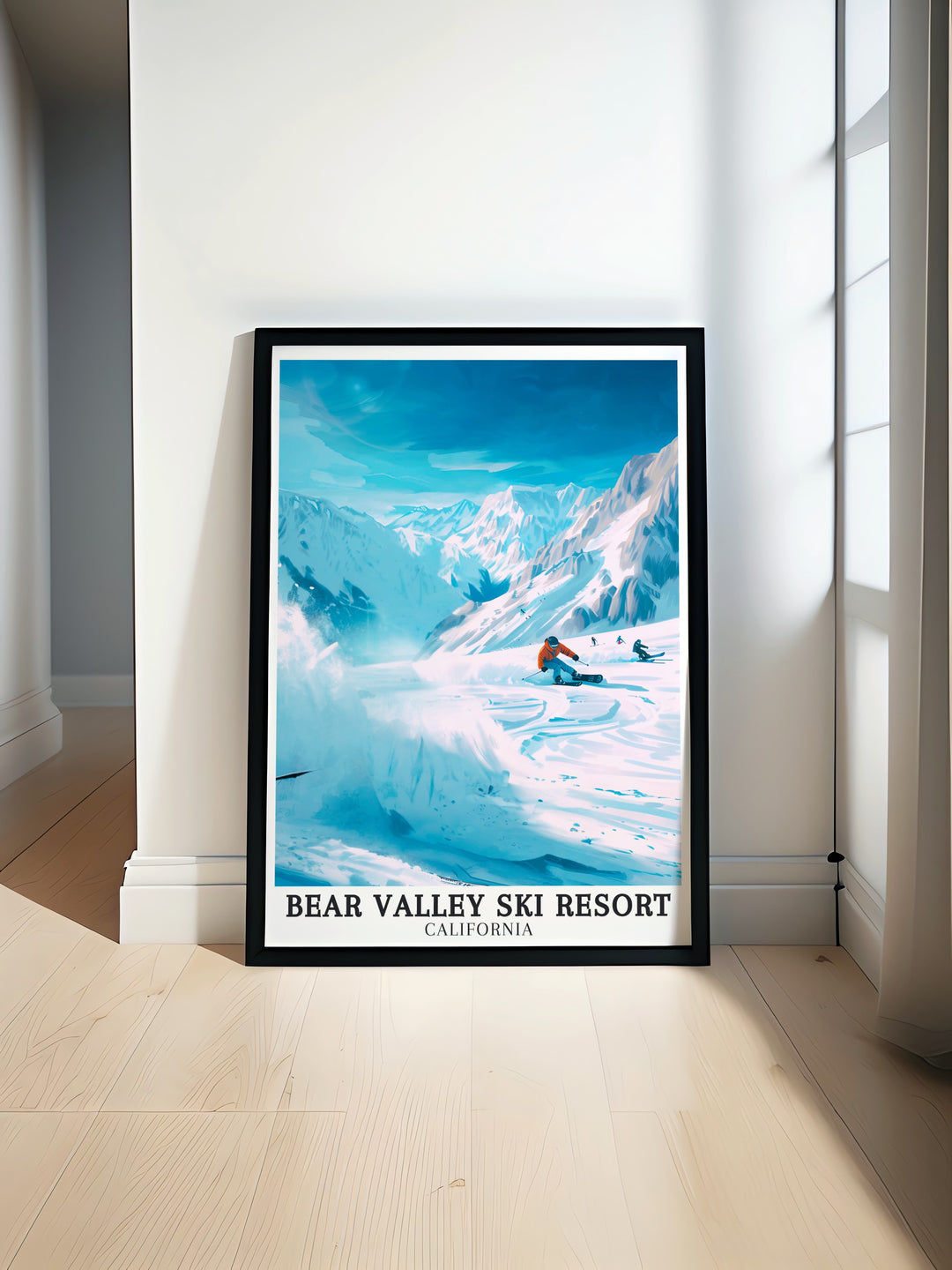 Bear Valley, Sierra Nevada is beautifully showcased in this ski resort travel poster offering a vibrant depiction of Californias stunning mountain landscapes. Perfect for any decor this print celebrates the adventurous spirit of Bear Valley Ski Resort.