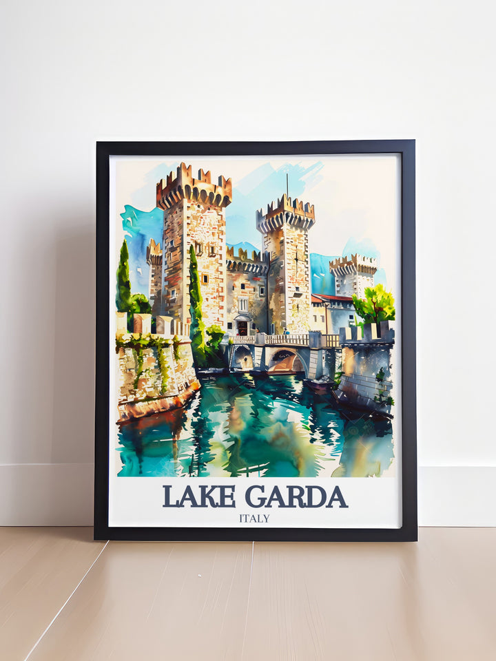 Stunning Italy wall art featuring Scaliger Castle and Isola del Garda from Lake Garda perfect for home decor. This Lake Garda print makes a thoughtful gift for loved ones ideal for adding Italy art to living rooms bedrooms or offices.