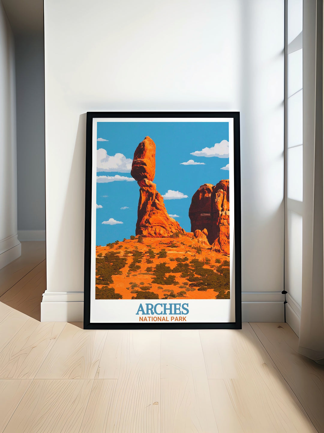 Balanced Rock travel poster showcasing the iconic formation in Arches National Park with vivid hues and intricate details perfect for adding natural beauty to your home decor or as a thoughtful gift for nature enthusiasts and National Park lovers.