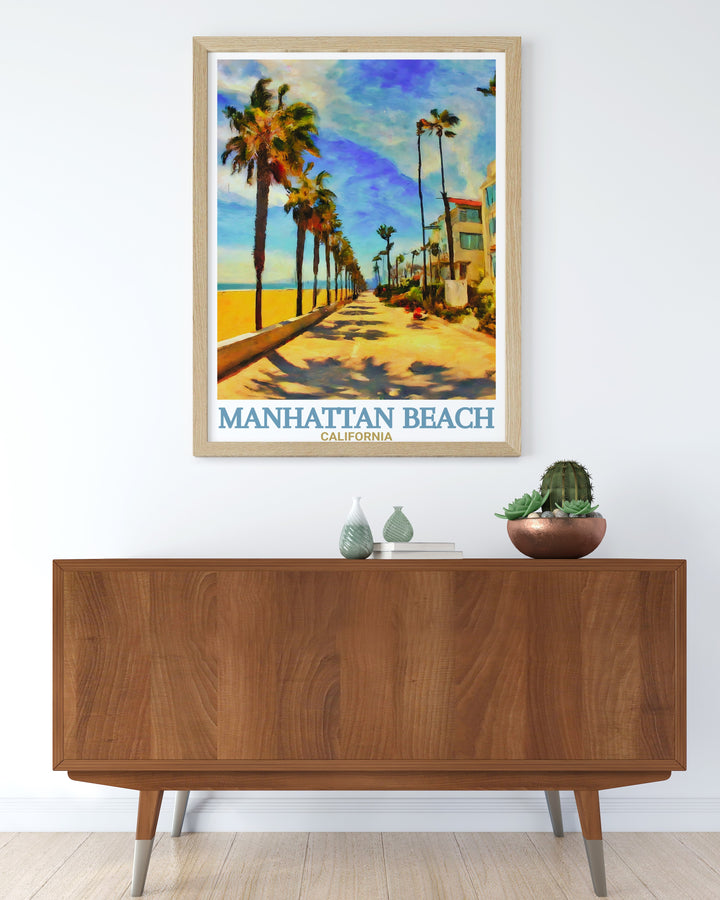 Our travel print of Manhattan Beach and The Strand captures the essence of Californias coastal living. The artwork highlights the scenic walkway and bustling activity along the beach, making it an ideal addition to any space for fans of the Golden State.