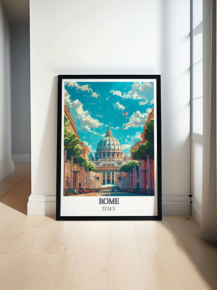 Vatican City Modern Print featuring the iconic landmarks of Rome Italy. This elegant artwork adds a touch of sophistication to your home decor and makes a memorable travel gift.