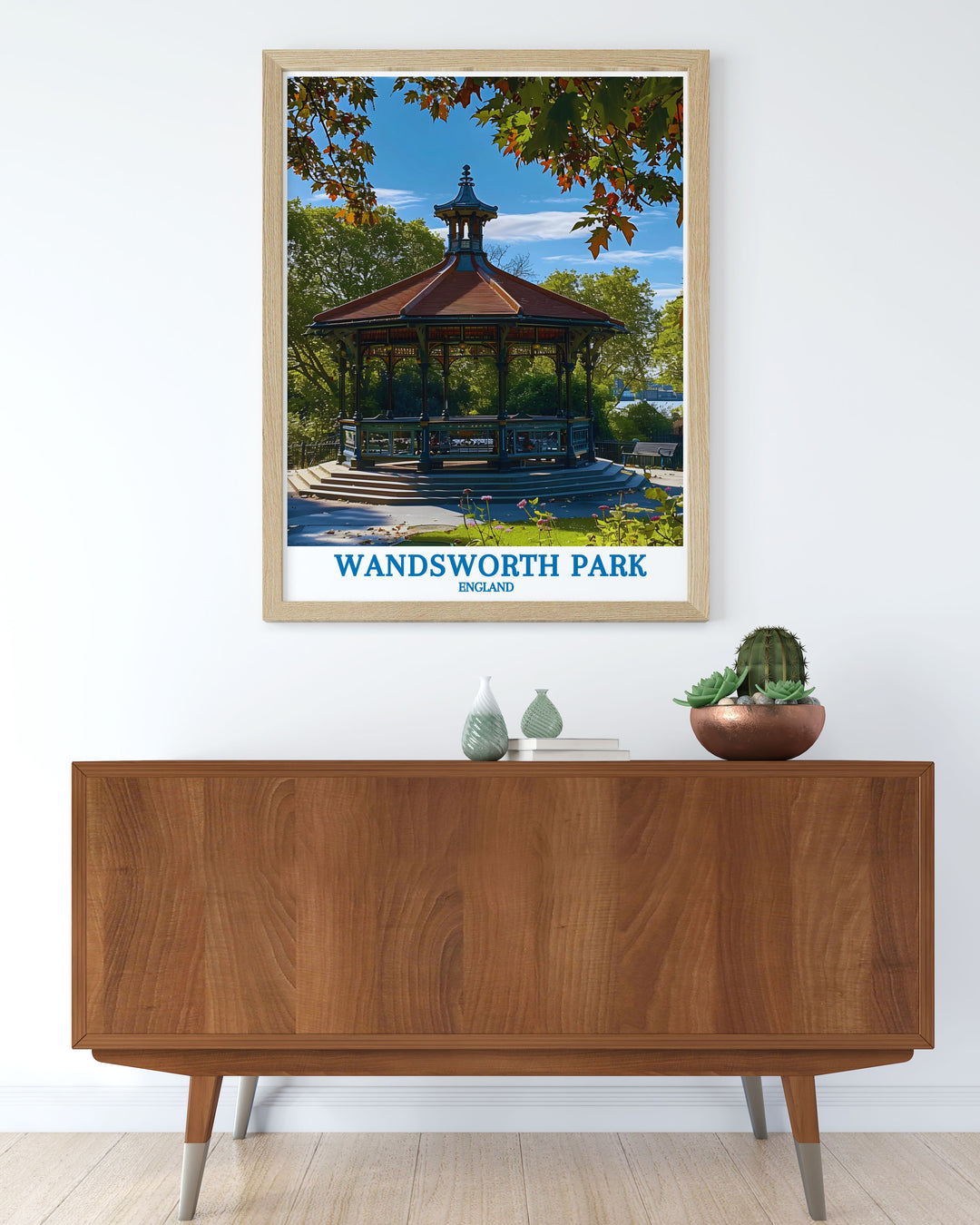 This canvas art piece features the scenic beauty of Wandsworth Park, highlighting its lush greenery and iconic bandstand. A perfect addition for those looking to enhance their home with a piece of Londons storied past and natural charm, its a testament to the citys green spaces and cultural heritage, offering a timeless aesthetic.