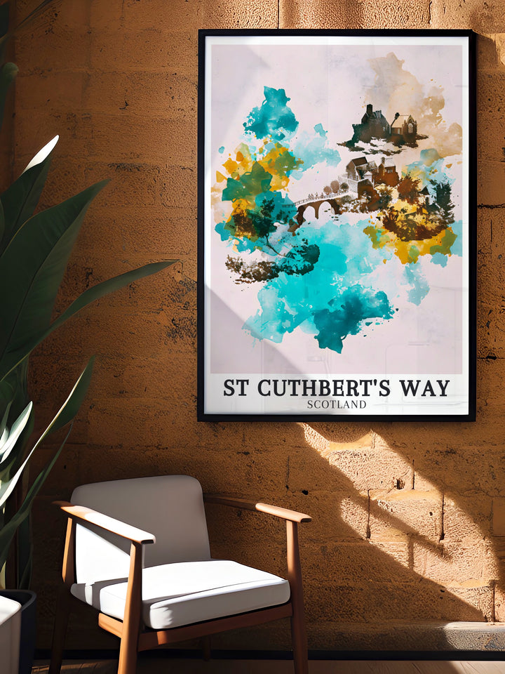 Holy Island Walkhighlands art piece portraying St Cuthberts Way and key landmarks such as Melrose Abbey and Lindisfarne Castle a national park poster for adventurers who want a timeless Northumberland print for their wall art collection