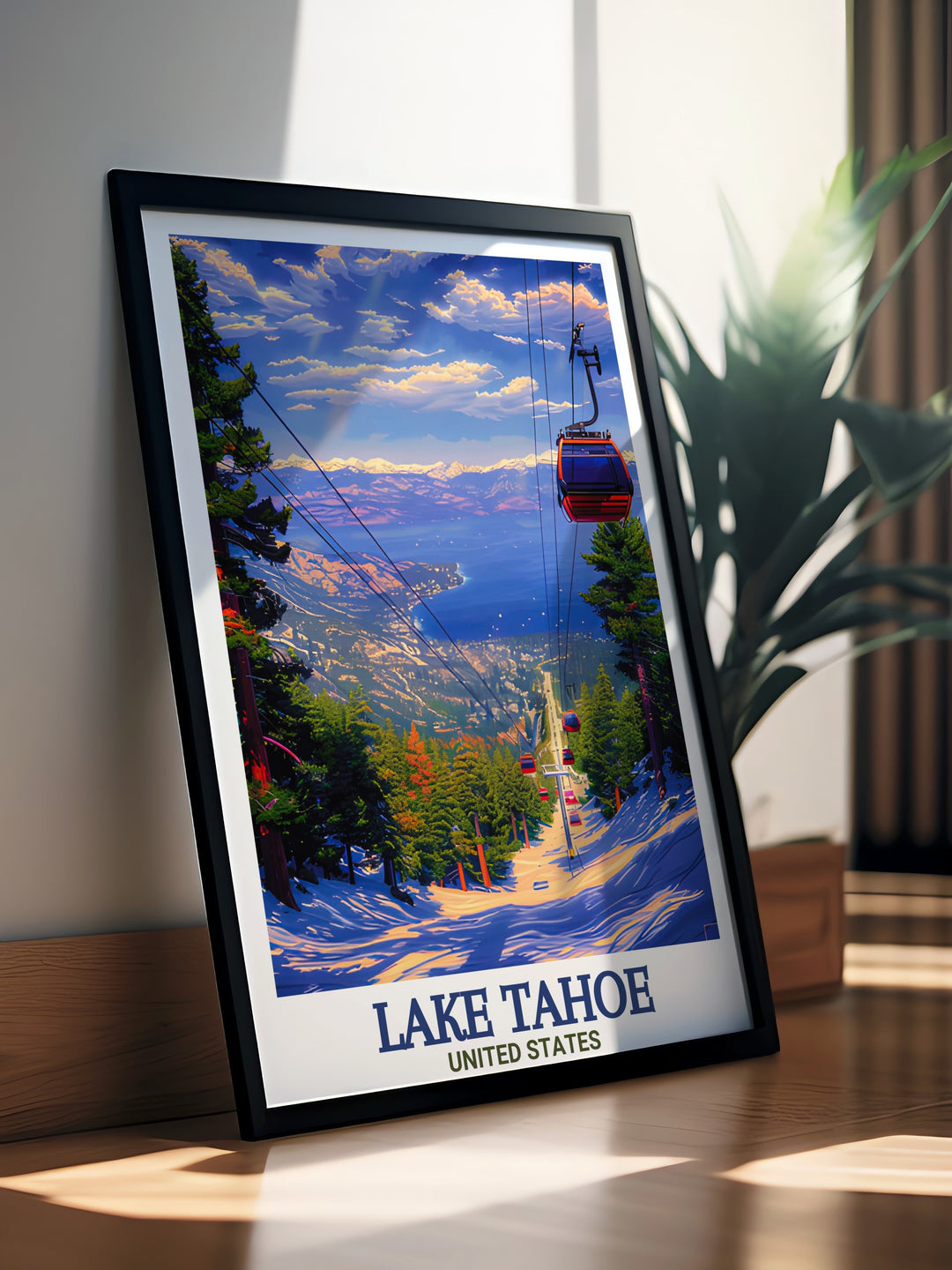 The Lake Tahoe and Heavenly Mountain Resort Travel Print captures the breathtaking beauty of one of the United States most iconic destinations. This coastal inspired artwork brings the peaceful and rugged landscape of the Sierra Nevadas into your home, ideal for beach and nature lovers.