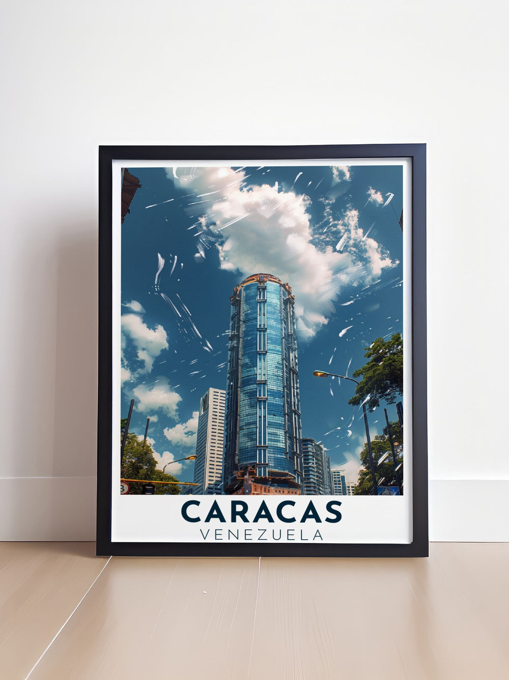 The picturesque scenery of Caracas with Parque Central Complex as a focal point is featured in this vibrant travel poster, perfect for adding Venezuelas unique charm to your home.