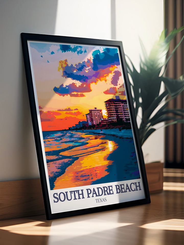 An intricate canvas print of South Padre Islands beach, featuring the golden sands and crystal clear waters of the Gulf of Mexico. This travel poster is an ideal addition for coastal decor and makes a great gift for travelers and beach enthusiasts alike.