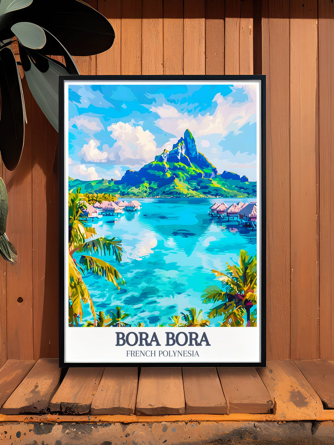 Enchanting Mount Otemanu Bora Bora Yacht Club travel poster featuring the majestic mountain and lively yacht club of French Polynesia this artwork is ideal for adding a touch of elegance and natural beauty to any home decor collection.