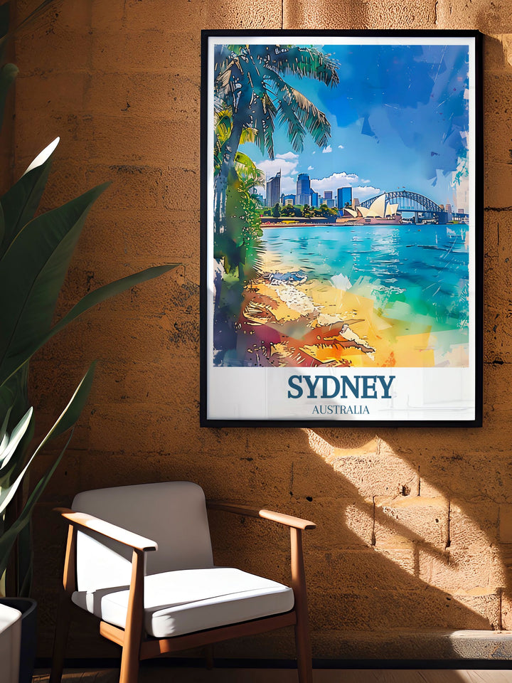 Exquisite Sydney Opera House and Sydney Harbour Bridge illustration in a vintage poster design perfect for celebrating the beauty of Australia and enhancing your living space with a touch of Sydneys charm