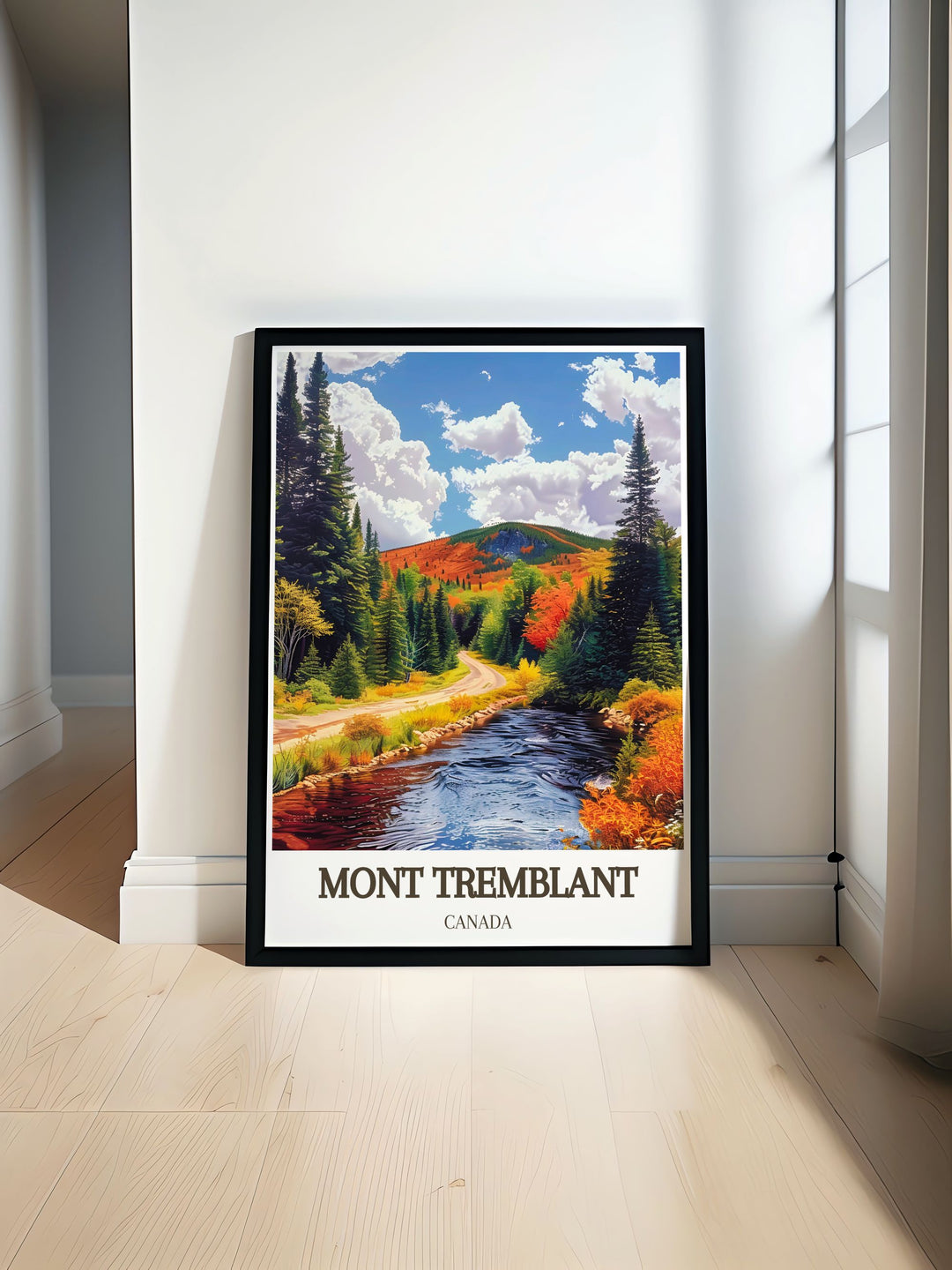 Mont Tremblant National Park print featuring the breathtaking landscapes of Mont Tremblant Ski Resort and the Laurentian Mountains perfect for adding elegance and adventure to your home decor with vibrant colors and intricate details capturing the essence of Canadian wilderness.
