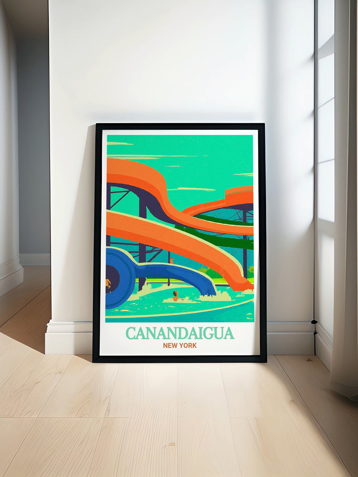 Art print featuring Roseland Waterparks exciting water slides and lush landscapes. A must have for adventure enthusiasts and collectors of New York State scenic art.