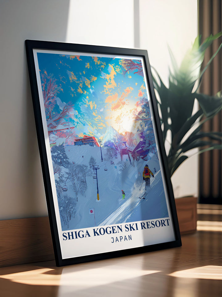 Relive the excitement of skiing in Japan with this Shiga Kogen Ski Resort travel poster. The detailed illustration showcases the beauty of the Japanese Alps and the energy of the slopes, making it an ideal artwork for ski lovers and fans of vintage travel posters.