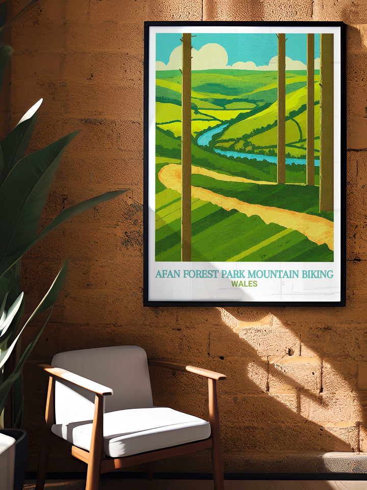 Afan Forest Park wall print featuring the rugged terrain of the Penhydd Trail, a favorite among mountain bikers. This print brings the wild beauty of South Wales into your space, ideal for those who love both biking and nature.