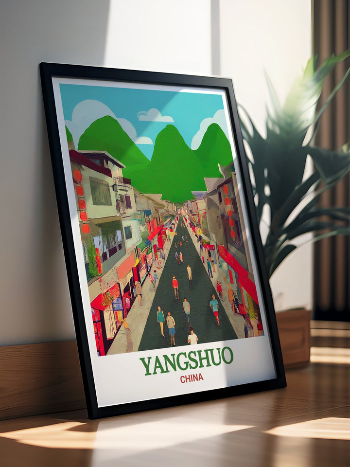 Framed art of Yangshuos bustling West Street, featuring vibrant shops, traditional buildings, and a cultural mix that creates a one of a kind experience. This print offers a visual journey to the heart of Chinas most visited pedestrian street.