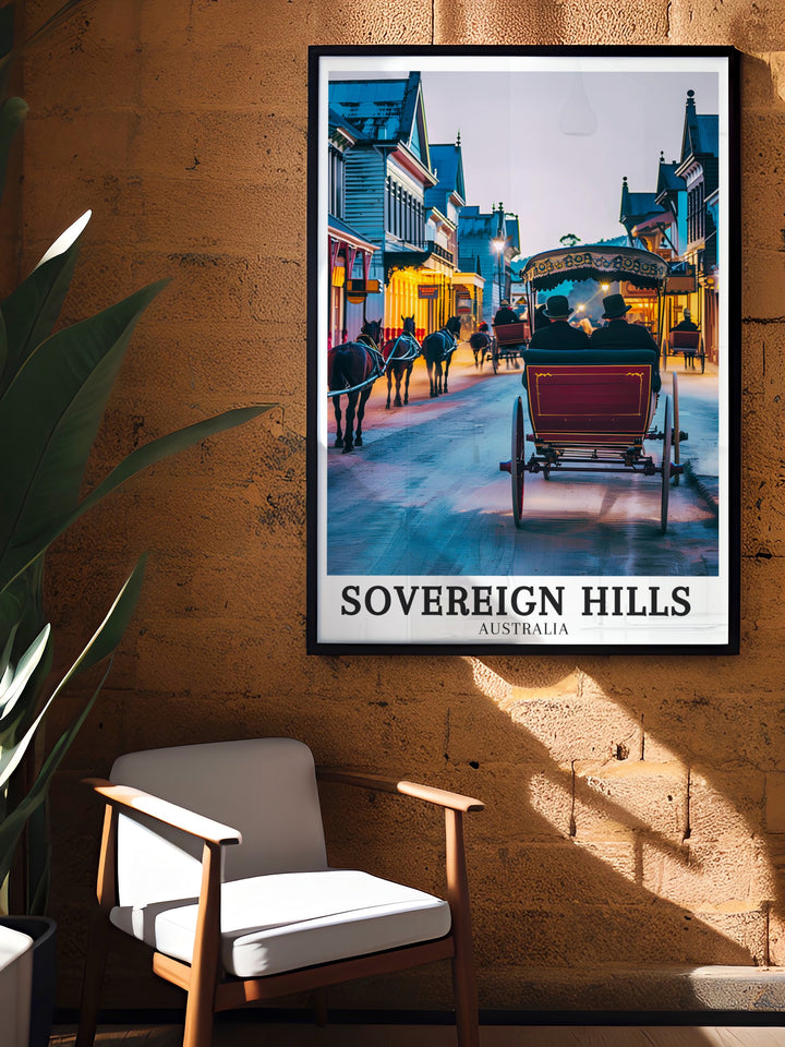 Sovereign Hill vintage poster showcasing the architectural beauty and historical significance of Victorias goldfields, ideal for enhancing your living space with a touch of history