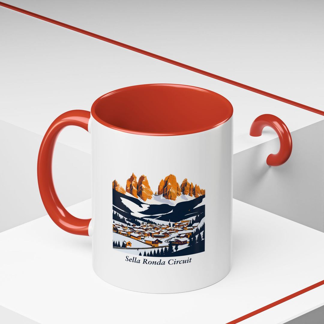 Enjoy your favorite beverages with the Sella Ronda Circuit mug, featuring beautiful artwork of the Dolomites. Perfect for coffee or tea, this mug is dishwasher and microwave safe. A great keepsake for anyone who loves skiing and mountain adventures.