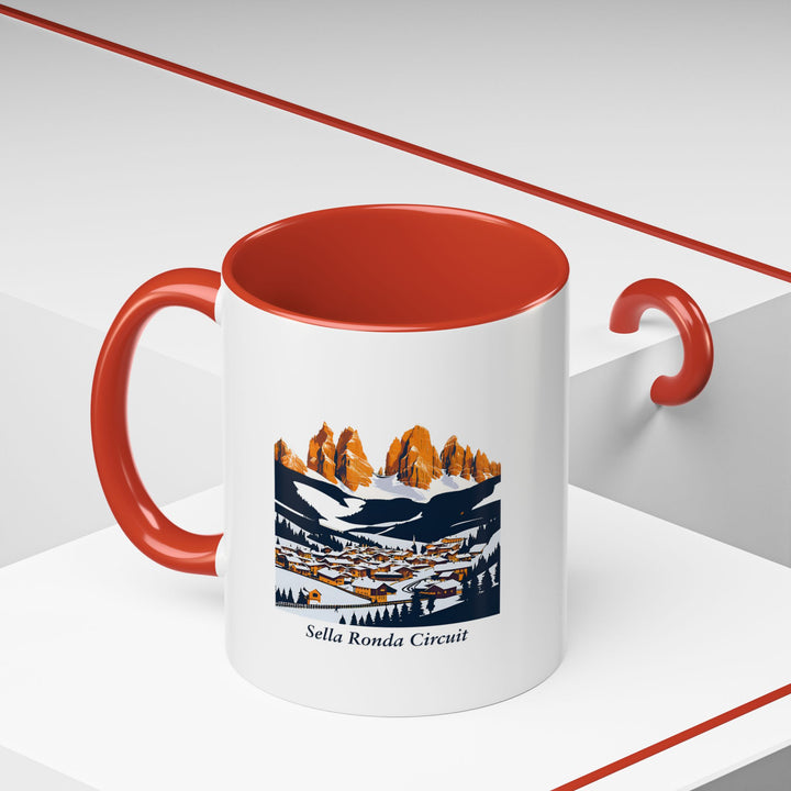 Enjoy your favorite beverages with the Sella Ronda Circuit mug, featuring beautiful artwork of the Dolomites. Perfect for coffee or tea, this mug is dishwasher and microwave safe. A great keepsake for anyone who loves skiing and mountain adventures.