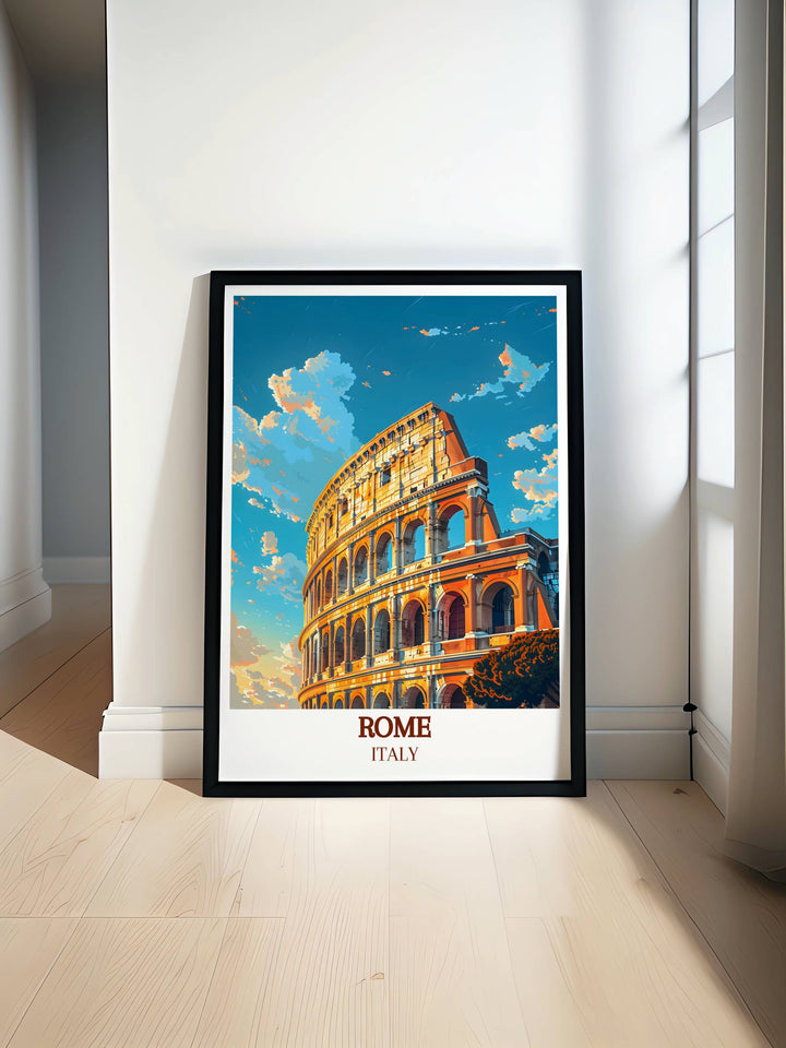 The Colosseum Modern Print showcasing the grandeur of Rome Italy. This stunning artwork features the iconic landmark in intricate detail perfect for enhancing any home decor or as a travel gift.