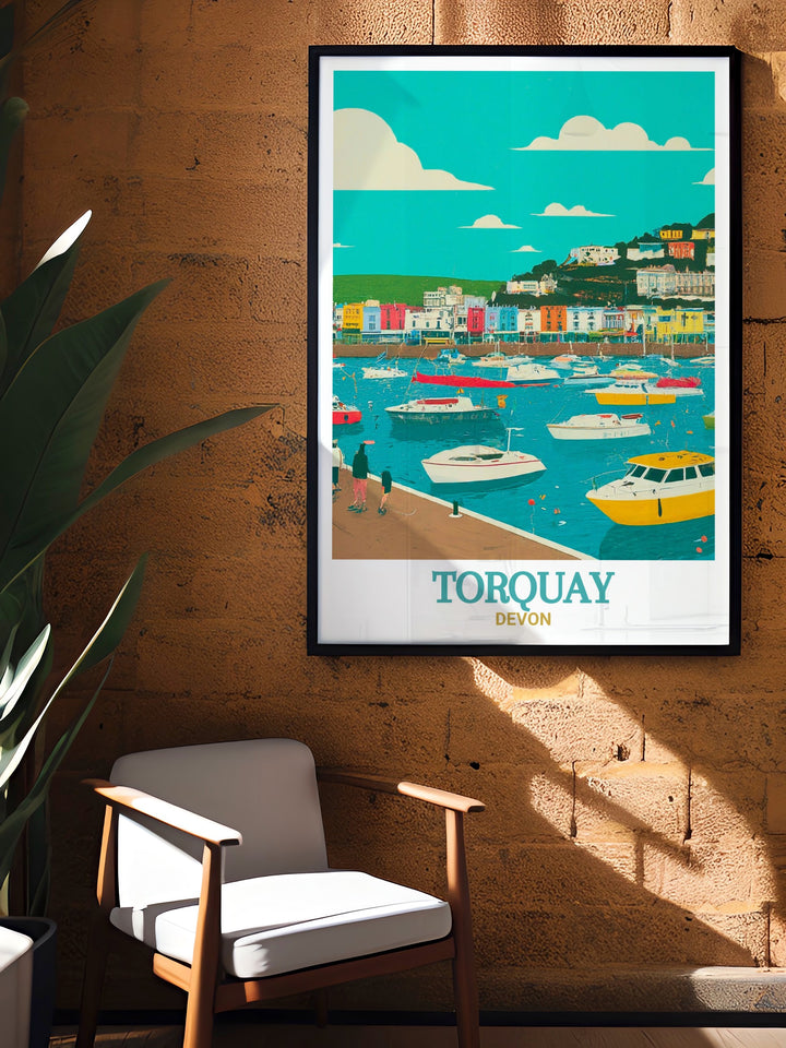 This framed art of Torquay Harbour highlights the charm and history of one of Devons most popular destinations. The posters detailed design brings the peaceful atmosphere of the English Riviera into your space.