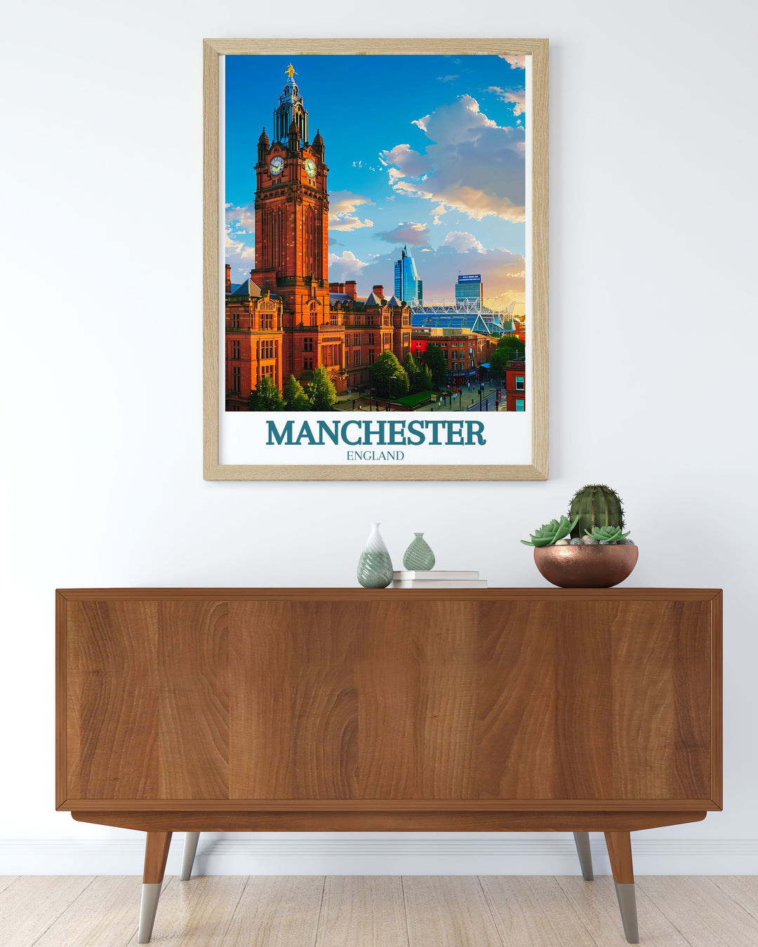 Manchester town hall and Old Trafford stadium poster featuring the citys famous landmarks perfect for travel enthusiasts and art collectors who want to bring a piece of Manchesters charm into their homes.