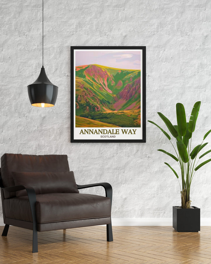 Annandale Way Art Print depicting Scotlands Moffat Hills and Devils Beef Tub ideal for adding a touch of nature to your home decor great for those who appreciate national park posters and digital prints