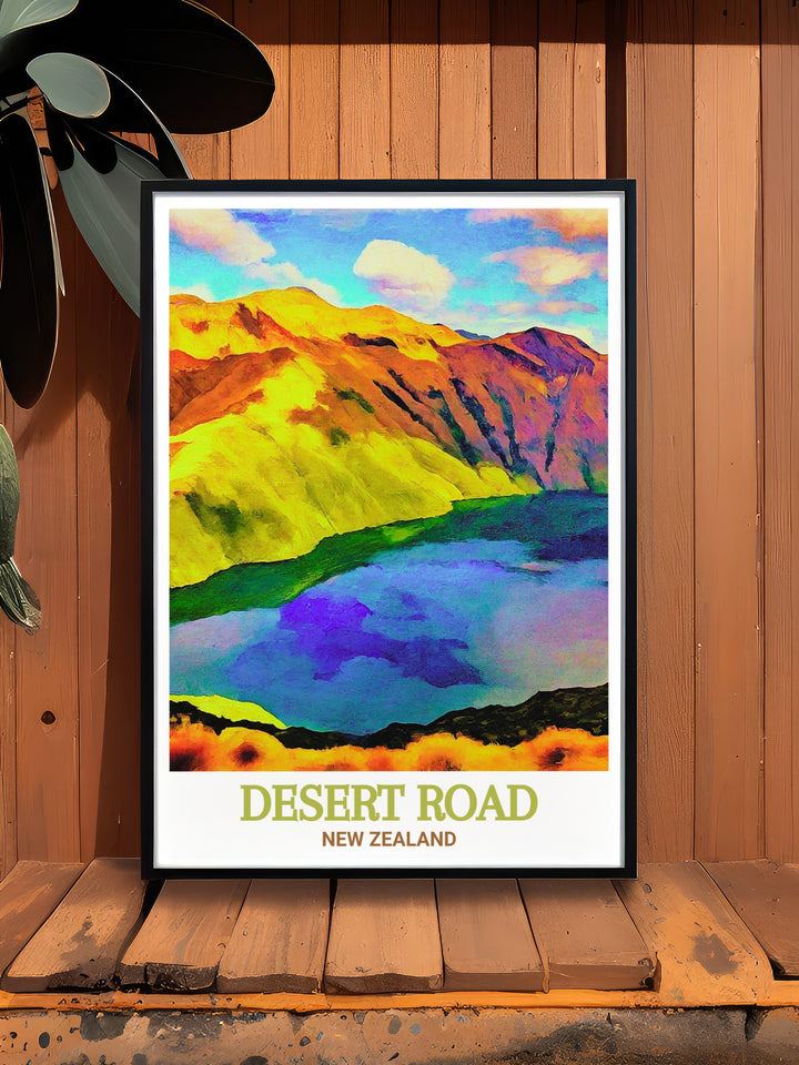 Enhance your living room with Desert Road Poster featuring rich hues and dynamic composition paired with Tama Lakes Modern Art that offers a soothing and serene visual experience perfect for creating a harmonious and inviting space.