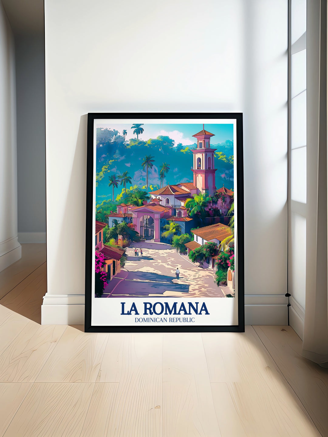 Mediterranean village poster print, featuring the historic Altos de Chavón in La Romana. This vibrant travel art is perfect for adding a pop of color and culture to your walls.