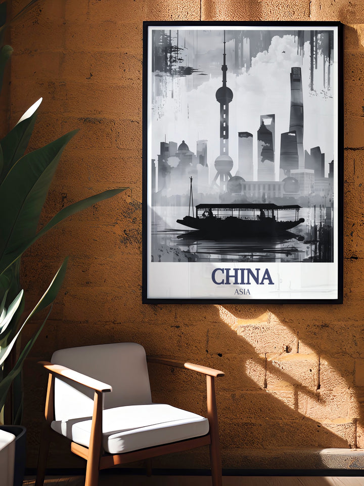 Featuring Shanghais most recognizable structures, the Oriental Pearl Tower and the Shanghai Tower, this poster print captures the essence of the citys architectural beauty. This travel print is a perfect gift for anyone who loves urban landscapes, offering a glimpse into one of Chinas most exciting cities. Its clean lines and contemporary design will elevate any space, from modern homes to offices.