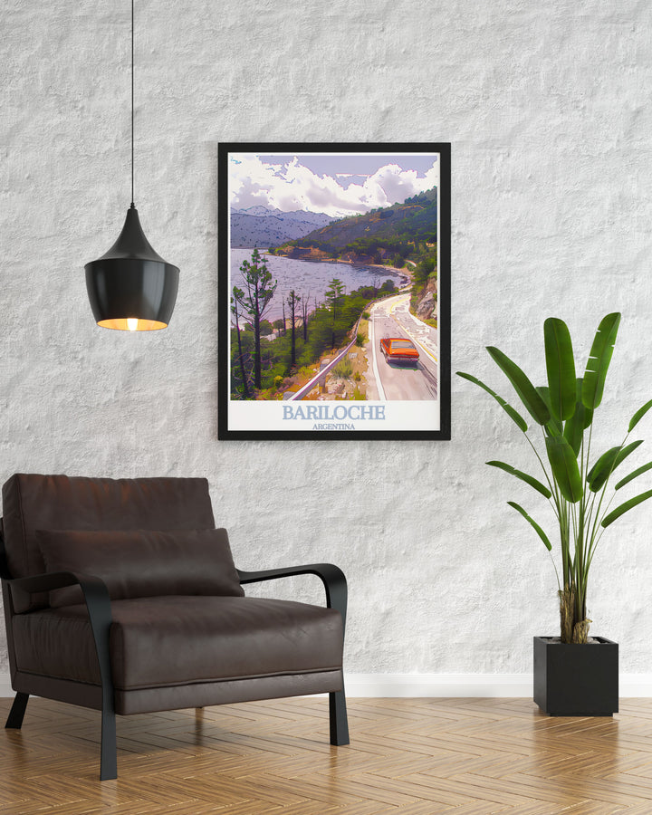 Elegant Argentina wall art depicting the enchanting Bariloche and the majestic Route of the Seven Lakes. This piece highlights the contrast between the historic town and the natural landscapes, adding a charming yet adventurous touch to any room.