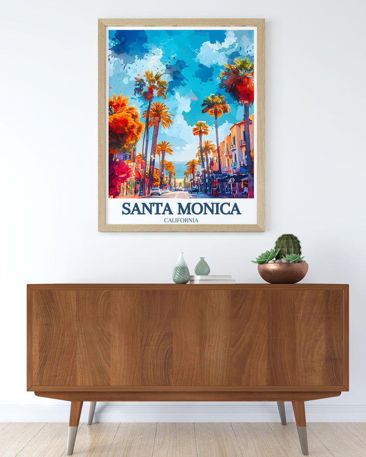 This Santa Monica art print brings together the citys most iconic landmarks, including the Santa Monica Pier, Third Street Promenade, and Santa Monica Place. Vibrant colors and intricate line work make this print a standout piece for beach home decor or as a travel inspired gift for California lovers.