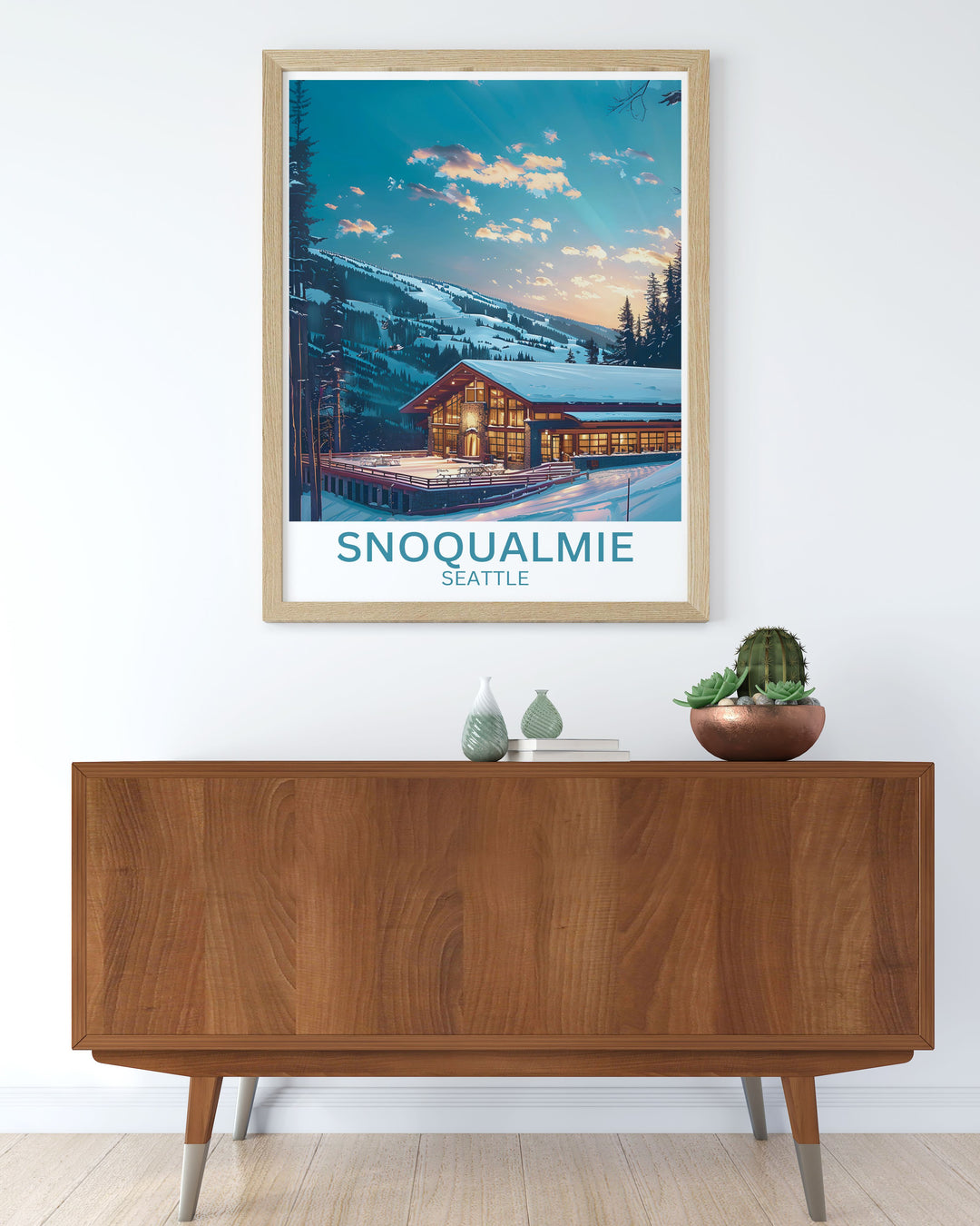 Celebrate the stunning scenery of The Summit at Snoqualmie with this detailed art print, showcasing the serene snow covered mountains and vibrant lodge atmosphere.