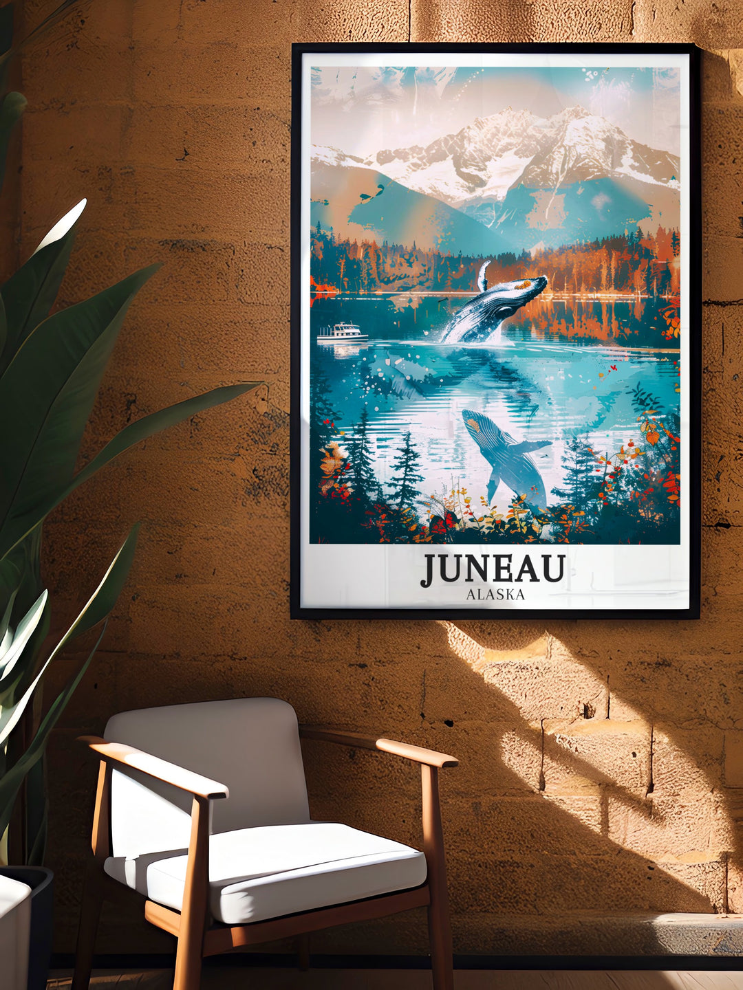 Auke Bay wall print highlighting the stunning beauty of Alaskas coastline. The Chilkat Mountains rise majestically in the background, offering a perfect backdrop for this travel art. A wonderful addition to any room for those who love to explore the natural world.