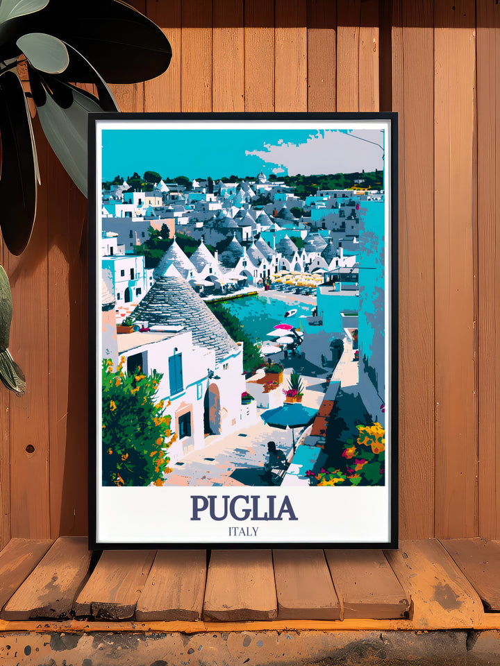 Enhance your home with our Adriatic Sea Modern Prints showcasing Trulli houses. This Italy Travel Print combines the rustic charm of Puglias Trulli houses with the serene beauty of the Adriatic Sea, creating a stunning piece of wall art.