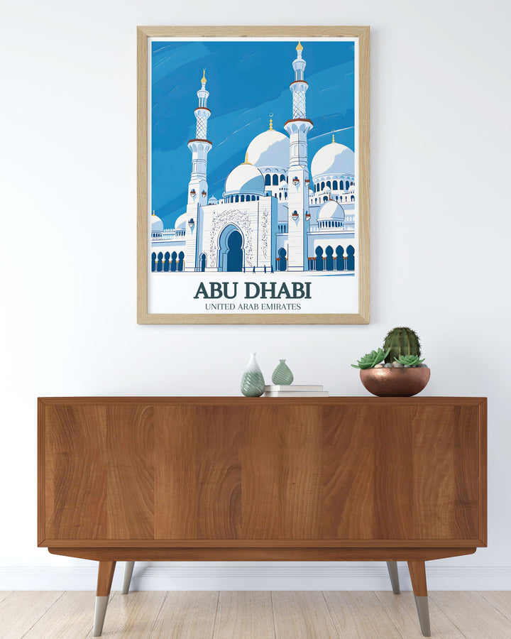 Unique artwork of the Sheikh Zayed Grand Mosque, Al Rawdah in Abu Dhabi. This Emirates travel poster showcases the mosques stunning design and is a great addition to any art collection. Perfect as a gift for those who appreciate fine architecture.