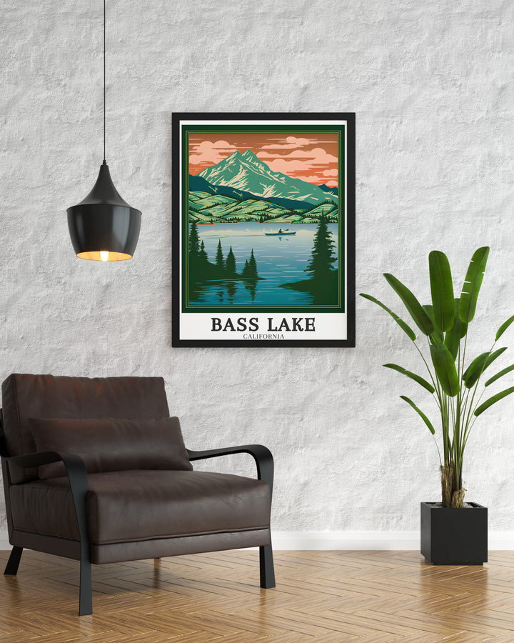 Vintage travel print featuring Bass Lake in Sierra National Forest Madera County perfect for anyone who loves Yosemite California and wants to bring a touch of its serene beauty into their home decor collection.