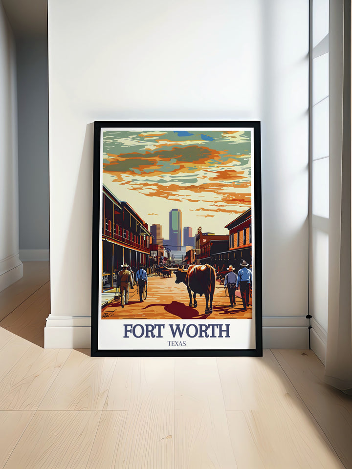 Celebrate Fort Worth with this travel poster, featuring the Stockyards and the well known Exchange Street. A beautiful addition to any room, its perfect for those who admire Texas history and want to bring some Western charm to their decor.